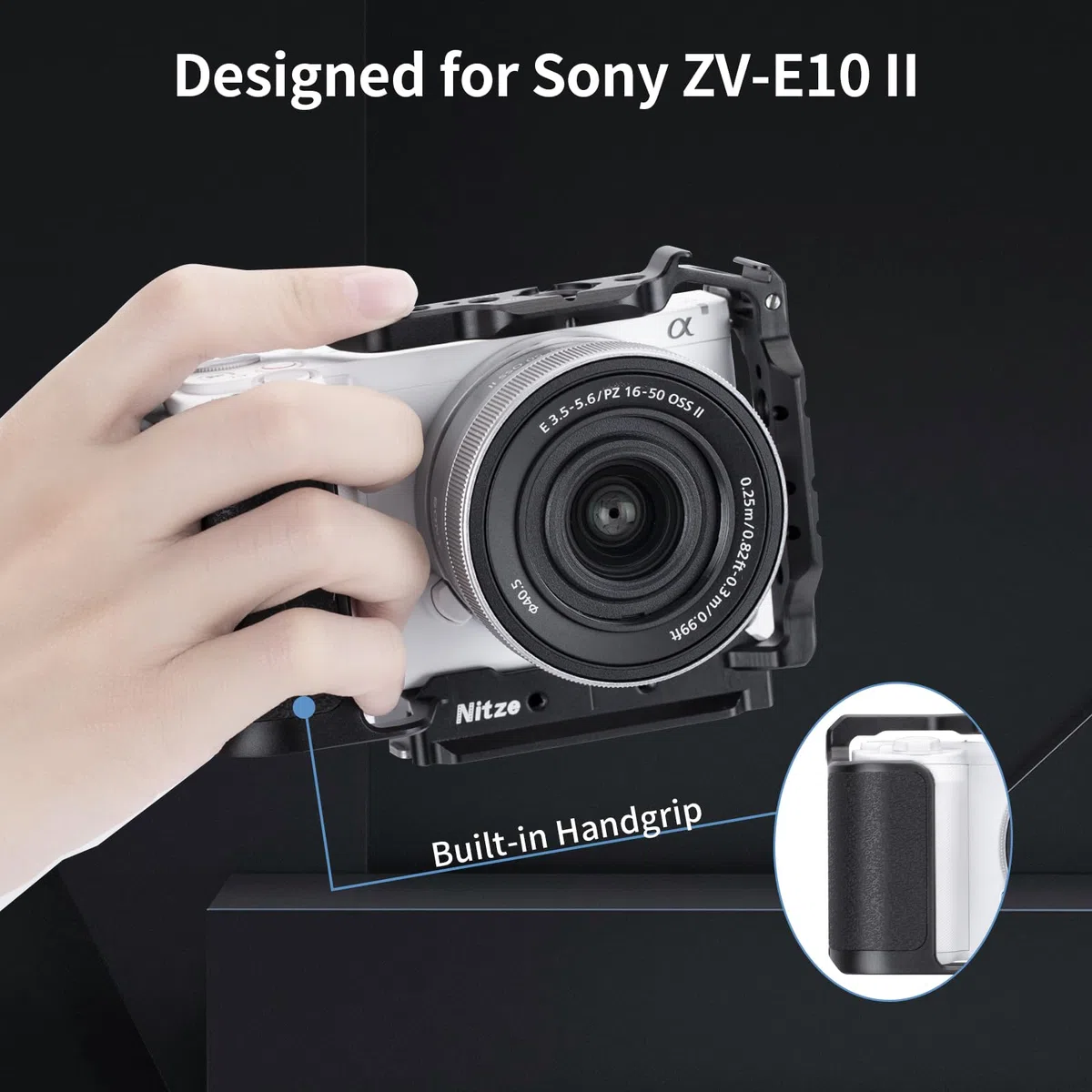 Nitze ZV-E10 II Cage, gabbia per fotocamera Sony ZV-E10 II, con 2 guide NATO integrate, scarpa Cold Shoe, impugnatura ergonomica, piastra a sgancio rapido per Arca-Swiss T-S14A
