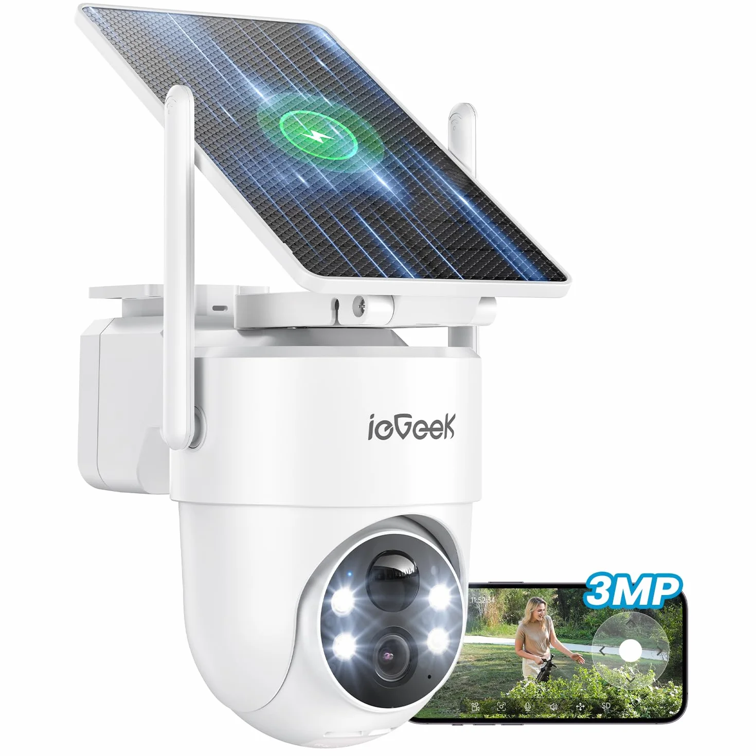 ieGeek 2K Telecamera Wi-Fi Esterno con Pannello Solare, Installazione Flessibile, 355°P 90°T, 5000 mAh, Rilevamento Umano PIR e Allarme, Visione Notturna a Colori, Audio Bidirezionale, IP65, S5