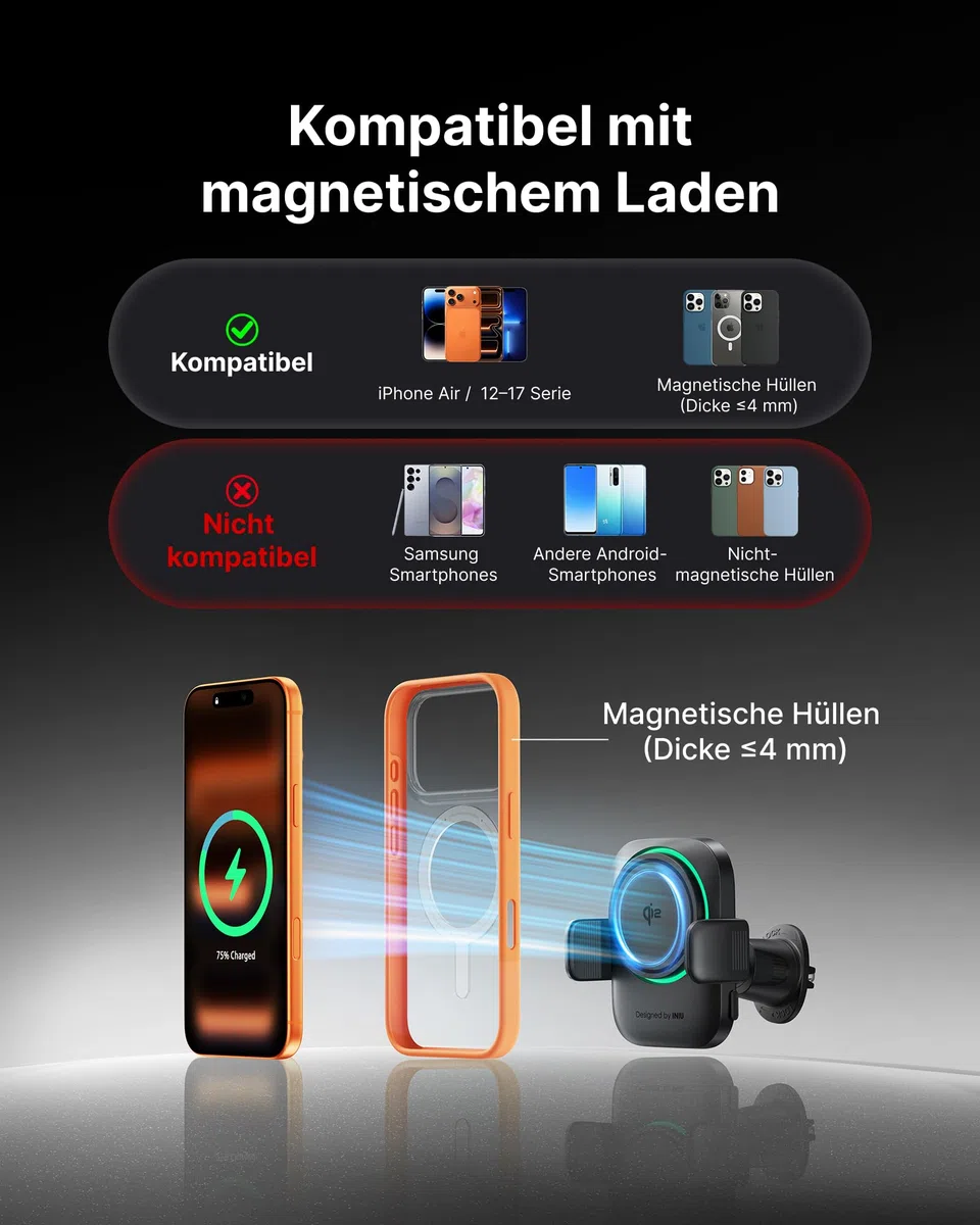 INIU Caricatore Wireless Auto Qi2 15W, Ricarica Rapida Wireless Ultra Magnete, Caricatore Supporto Magnetico Telefono Auto con Gancio Metallo Mani Libere per iPhone 17 16 15 14 13 12 Pro Max Air etc