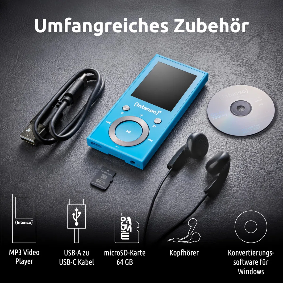 Intenso Lettore video BT MP3 con Bluetooth 5.0, display a colori da 1,8 pollici, microSD, USB C, fino a 18 ore, con cuffie, blu