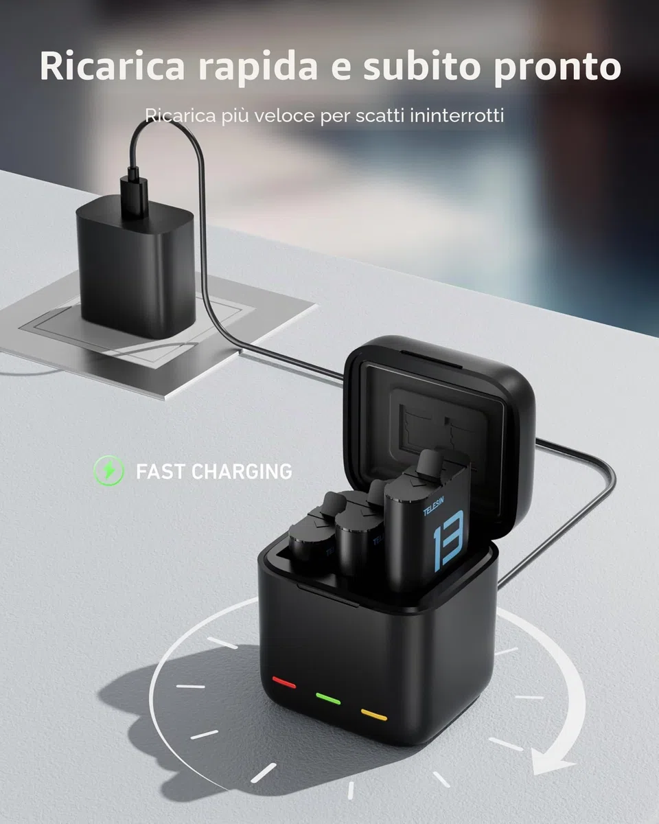 TELESIN Confezione da 2 batterie con caricatore per GoPro Hero 13 Black, batterie a lunga durata come quelle originali + custodia di ricarica Fast Charge per accessori Go Pro 13 Black