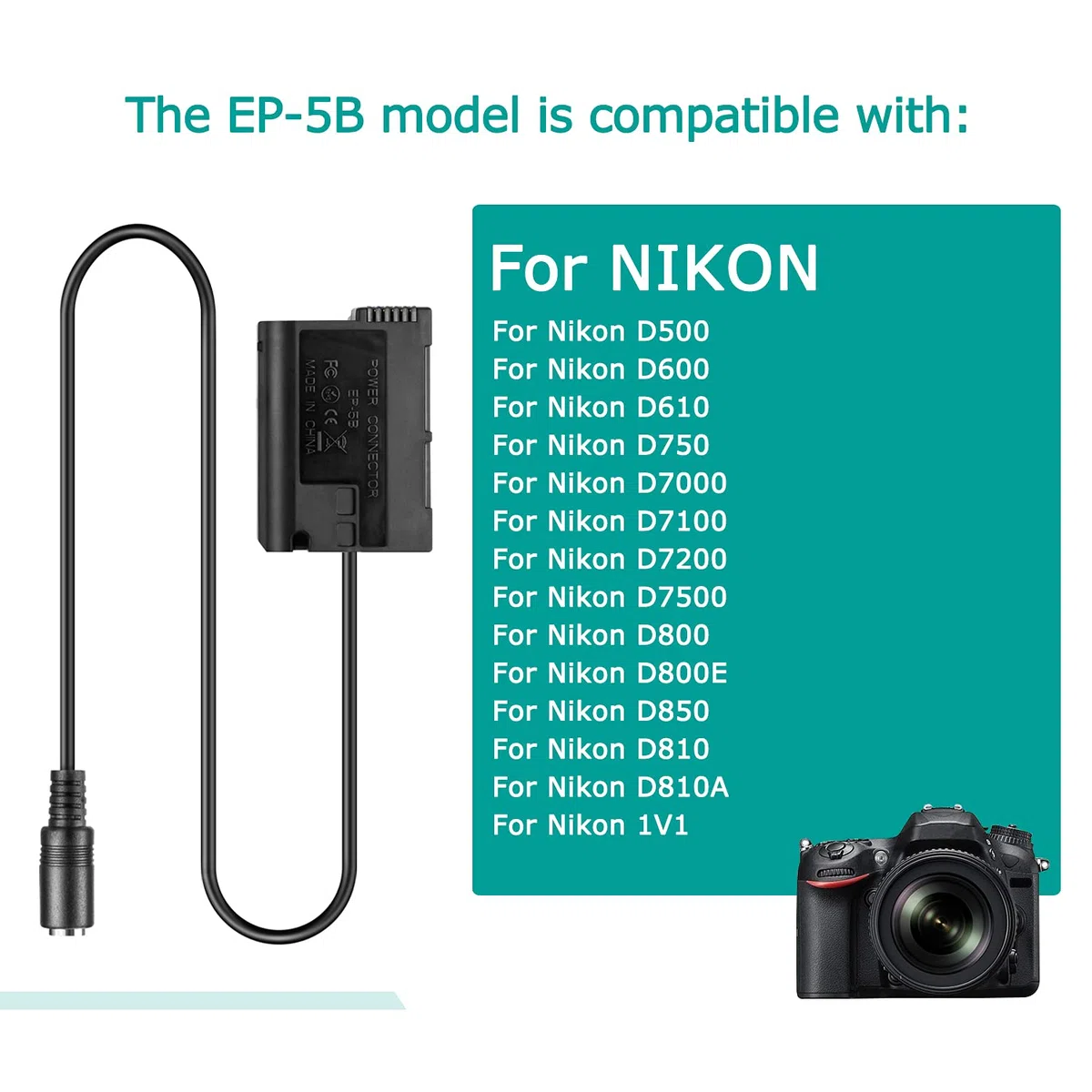 EH-5 Adattatore di alimentazione CA EP-5B Accoppiatore CC EN-EL15 Batteria fittizia per fotocamere Nikon Z7 Z6 D7500 D7200 D7100 D7000 D850 D810 D800 D800E D750 D610