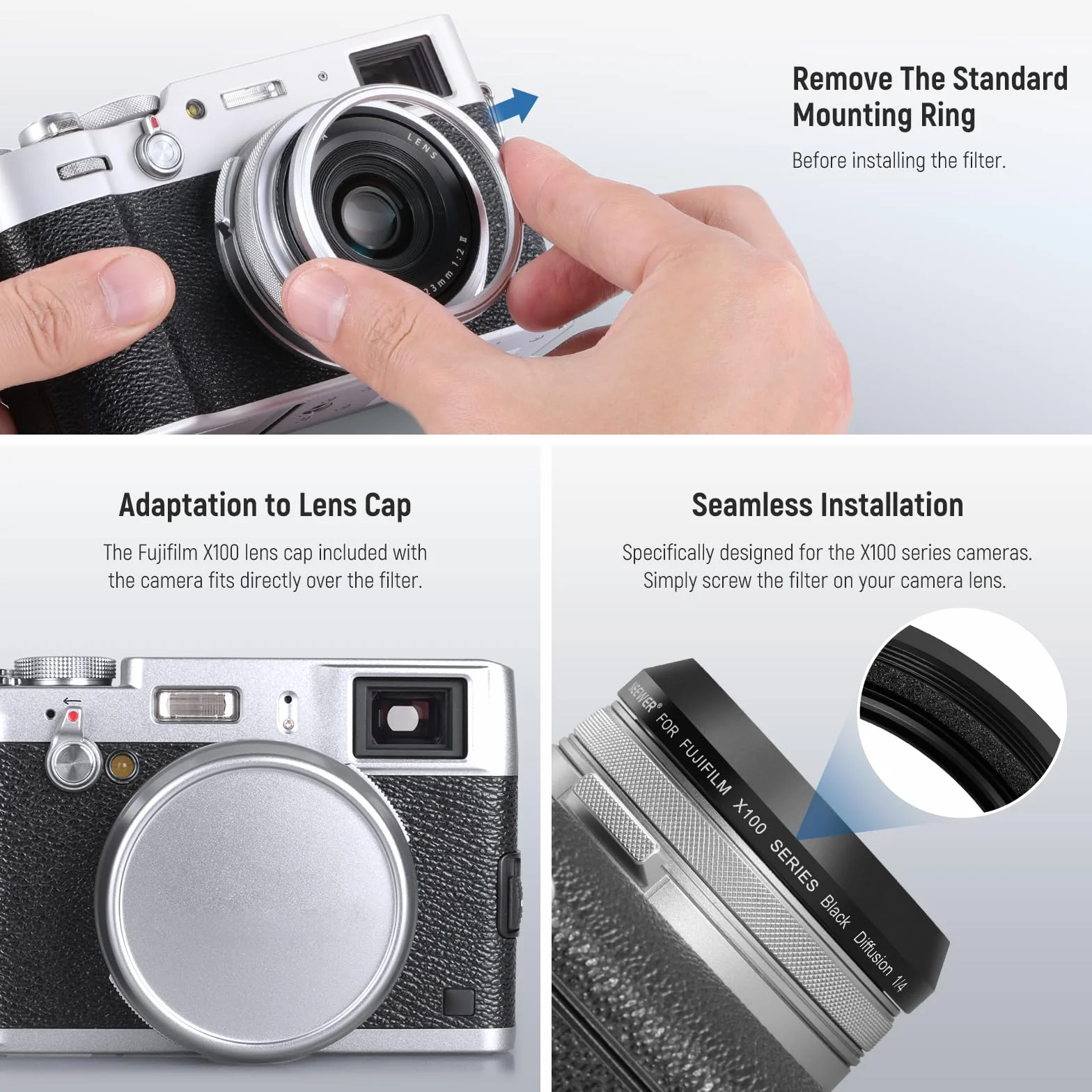 NEEWER Black Diffusion 1/4 Filtro Per Effetto Mist Cinematic per Fotocamere Serie X100, Vetro Ottico Multistrato, per Fujifilm X100 X100S X100F X100T X100V X100VI (Cornice Nera)