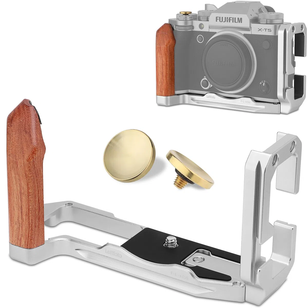 Leftfoto XT5 Maniglia a forma di L con impugnatura in legno per fotocamera Fuj XT5, con piastra a sgancio rapido Arca inferiore integrata, con pulsante di scatto in rame..