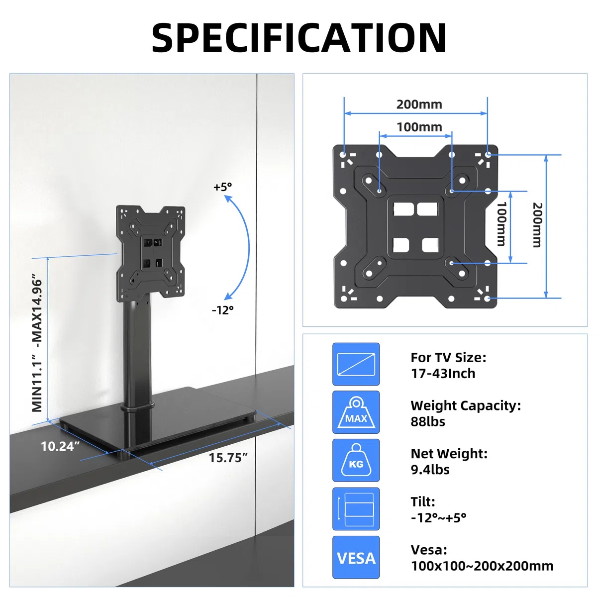 XINLEI Supporto per TV Universale, Supporto da Tavolo per TV LCD/LED da 17-43 Pollici Fino a 88 libbre, Supporto per Monitor Regolabile in Altezza con Base in Vetro Temperato VESA 200x200mm, TS103