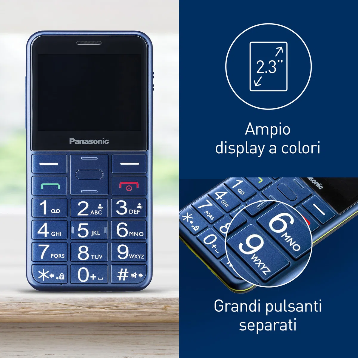 Panasonic KX-TU155EXCN Cellulare per Anziani, Pulsante SOS, Pulsanti Grandi, Compatibile Apparecchi Acustici, Bluetooth, Radio FM, Fotocamera, Base di Ricarica, Blu