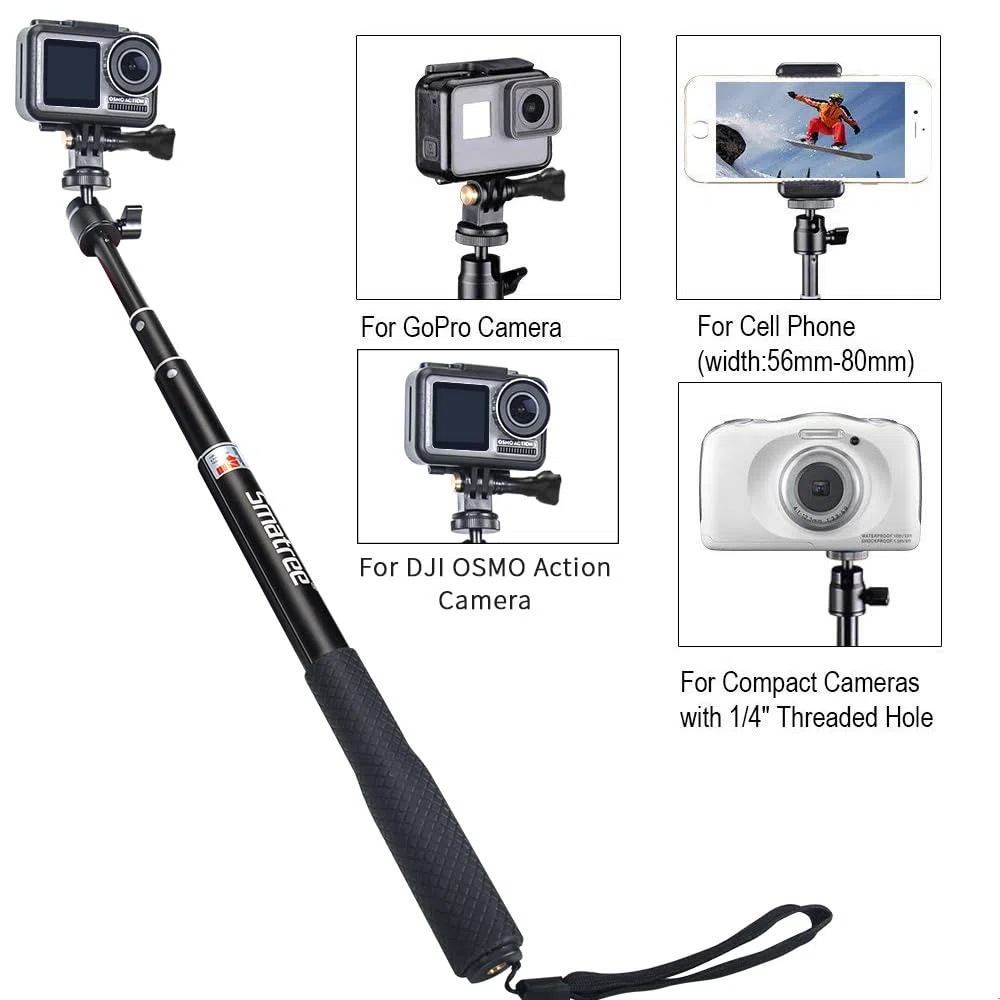 Smatree Q3S Bastone Selfie Monopiede Telescopico Allungabile con treppiede per GoPro Hero 2018, Hero 13/12/11/10/9/8/7/6/5/4/3+/3/2/1/Session/Insta 360/Ricoh Theta