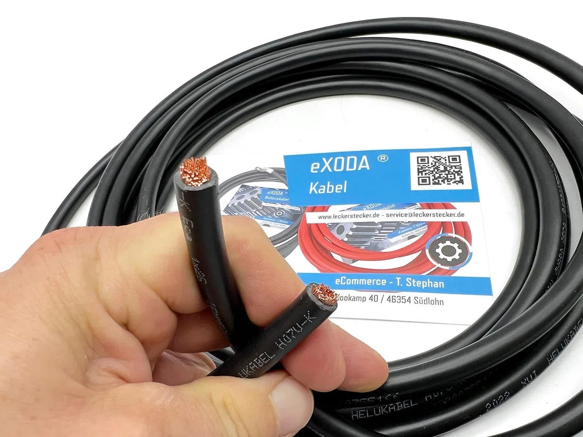 Exoda cavo batteria 25 mm² 5m nero H07V-K25 cavo in PVC flessibile in rame resistente al calore fino a 70 gradi per usi versatili di qualità.