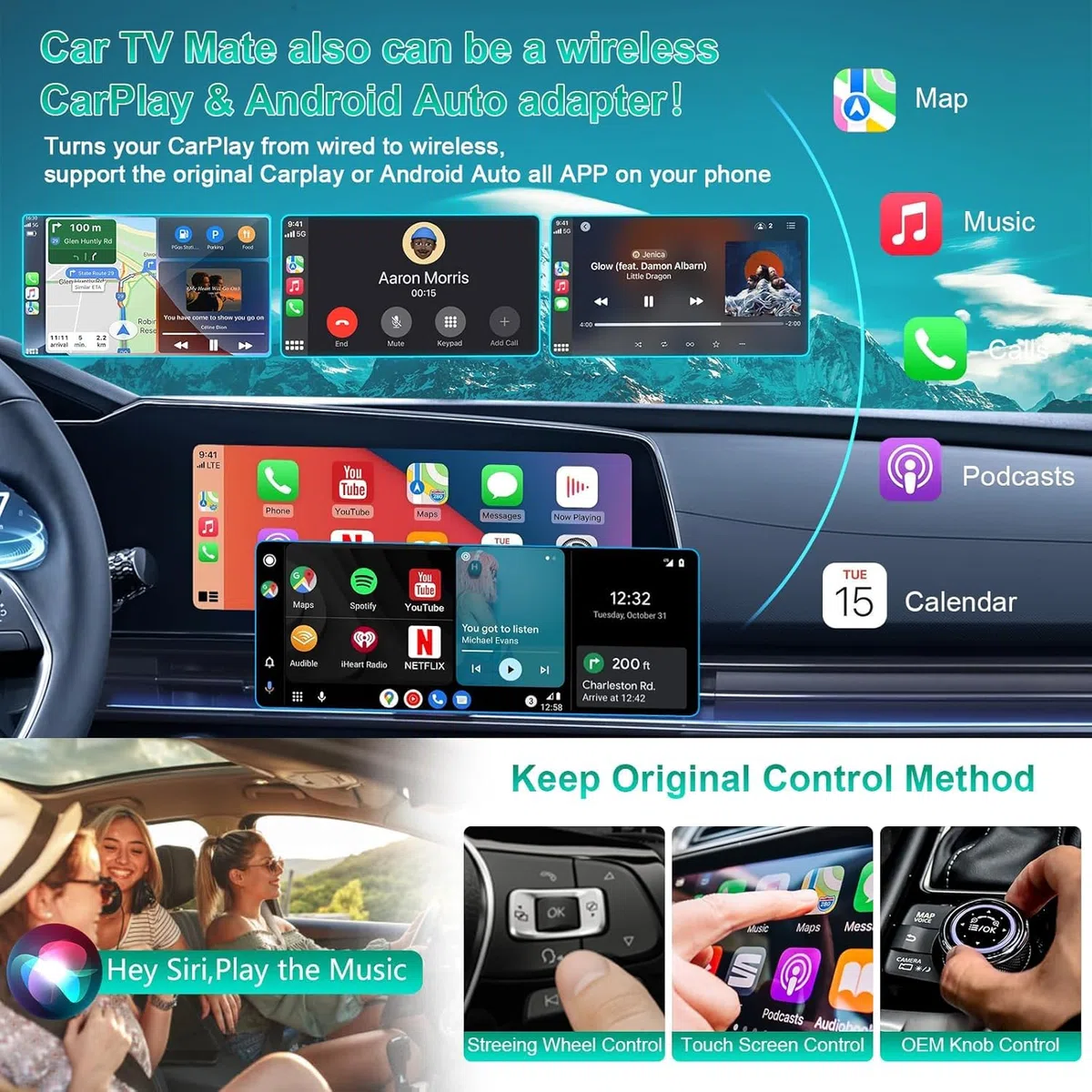 3 in 1 Car TV Mate Pro con Wireless CarPlay & Android Auto Adapter, Convertitore HDMI Multimedia TV Stick, Streaming da Fire T V/Console/YouTube/Netflix in auto per CarPlay cablato