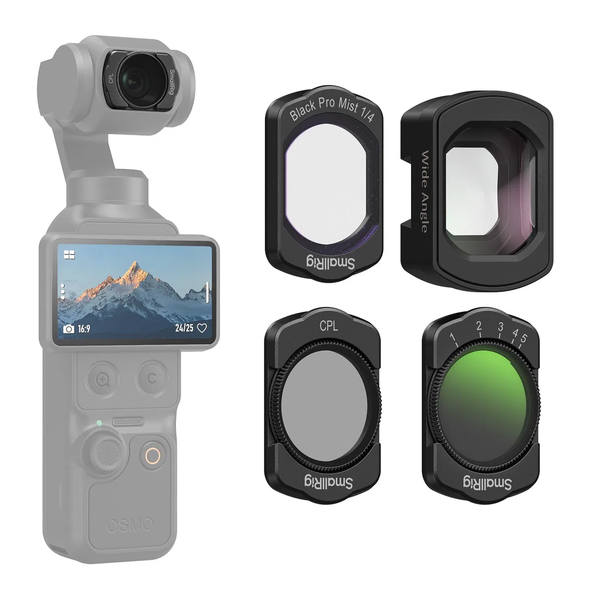 SMALLRIG Set di Filtri Magnetici Grandangolari, ND, CPL ed Effetti per DJI Osmo Pocket 3/4, Confezione da 4 Filtri Grandangolari, CPL, Diffusori Neri da 1/4", Fltri ND Variabili da 2 a 32 - 5834