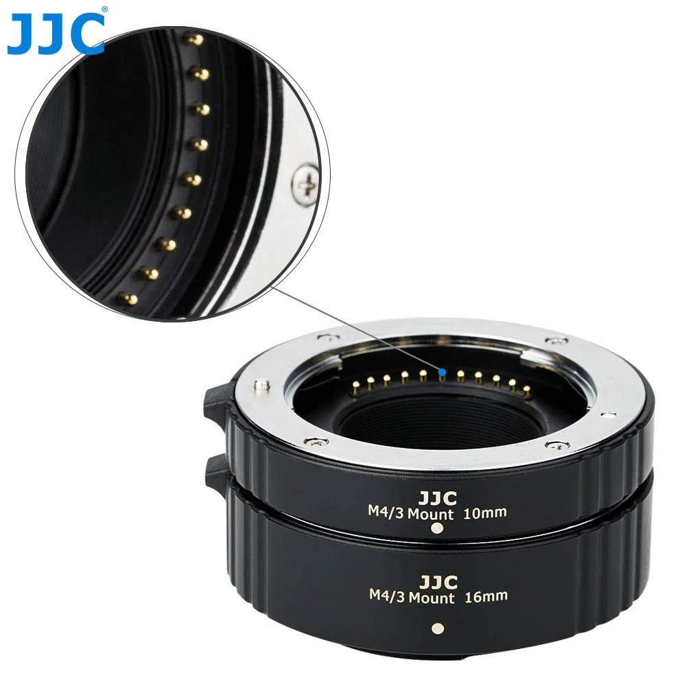 JJC 2-Pezzo (10mm/16mm) Metallo Set Tubo di Estensione Automatico Macro per Olympus e Panasonic Micro 4/3 (MFT) Fotocamera