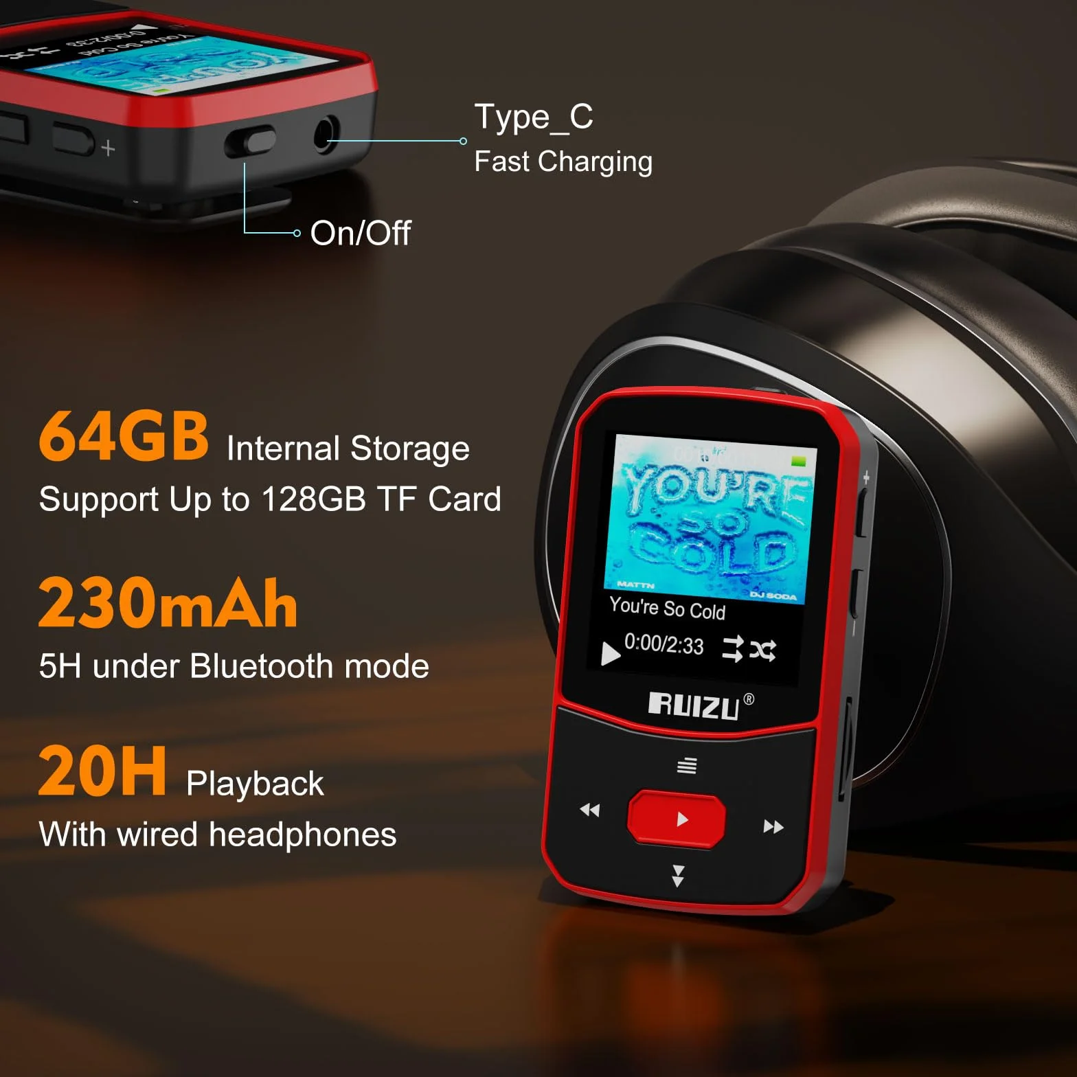 64GB Lettore MP3 Bluetooth 5.3, HiFi con Clip Sportiva, MP3 Bambini con Volume Indipendente, Radio FM, Auricolari Inclusi, supporta una scheda SD fino a 128 GB