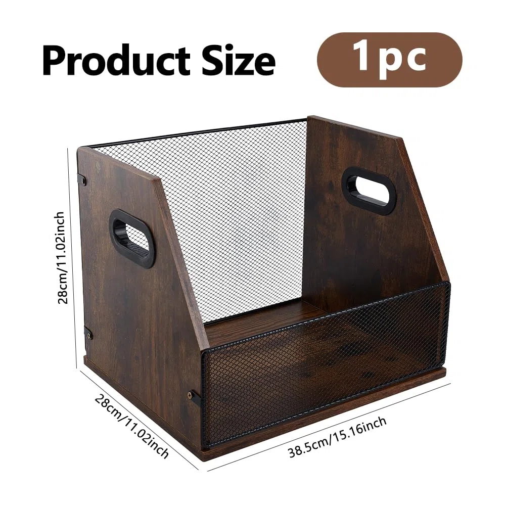 DICOSMETIC 38,5 x 28 x 28 cm, in legno di vinile, rustico, marrone, in legno, per album, caricatore, organizer con manico, decorazione per la casa e l'ufficio