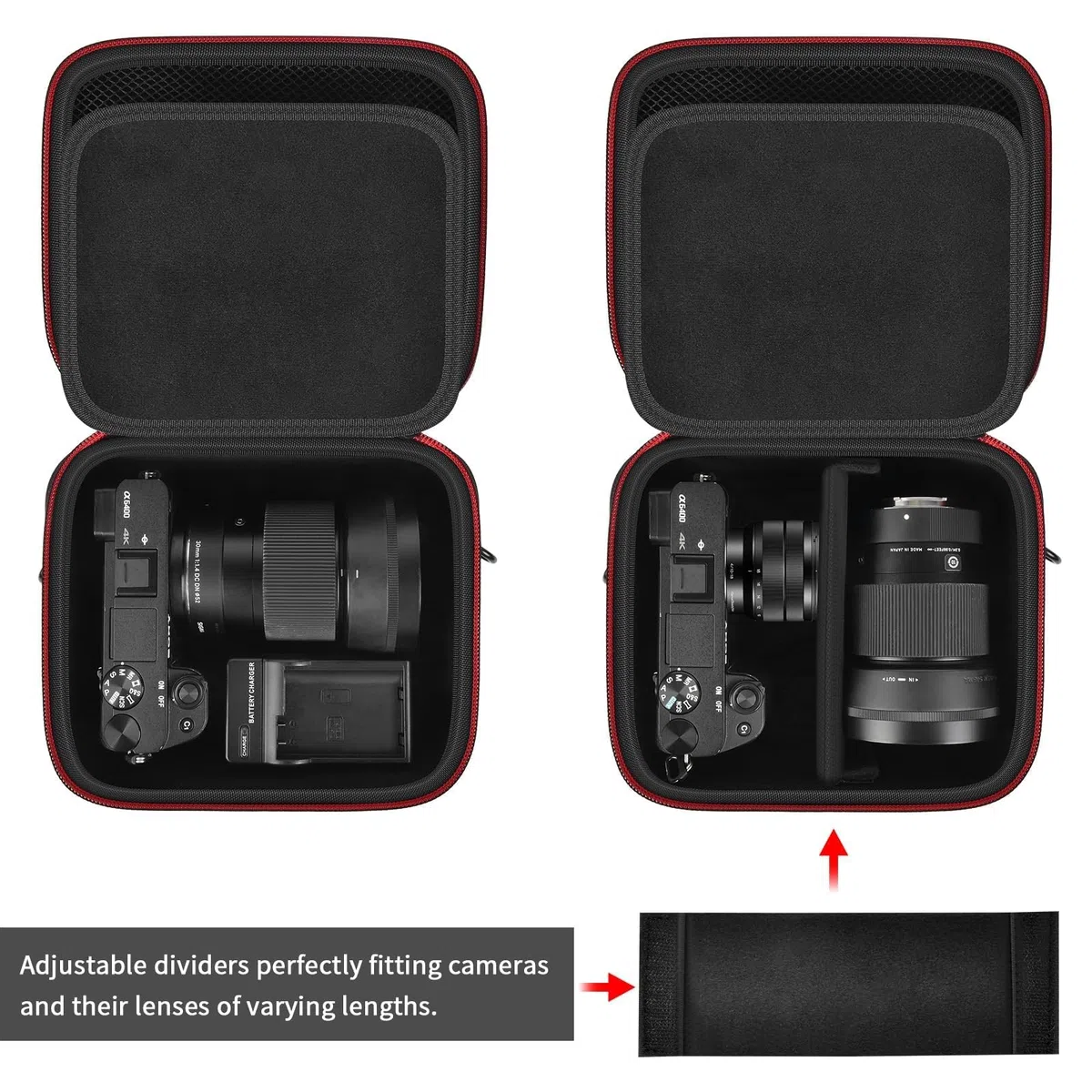casmilee Custodia per fotocamera digitale mirrorless Sony Alpha ZV-E10 Alpha a6400/ a6700/ a6100/ a6000/ a6600/ a6500, borsa da viaggio rigida con tracolla per obiettivi e accessori (nero, M)