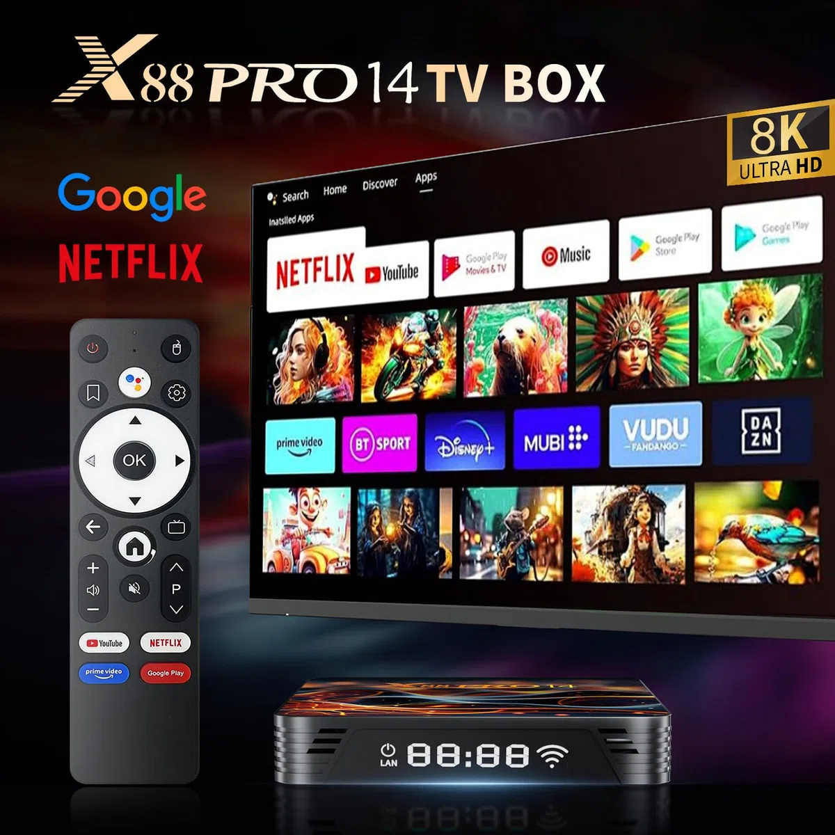 TV Box Android 14.0 4K @60fps, 2026 Neueste Android Box RK3518 mit RAM 2G ROM 16G WiFi6 Enternet 10/100M Bluetooth 5.0 USB 3.0 Unterstützt HD 8K 2K 1080P Smart TV Box Client Streaming mit Voice Remote
