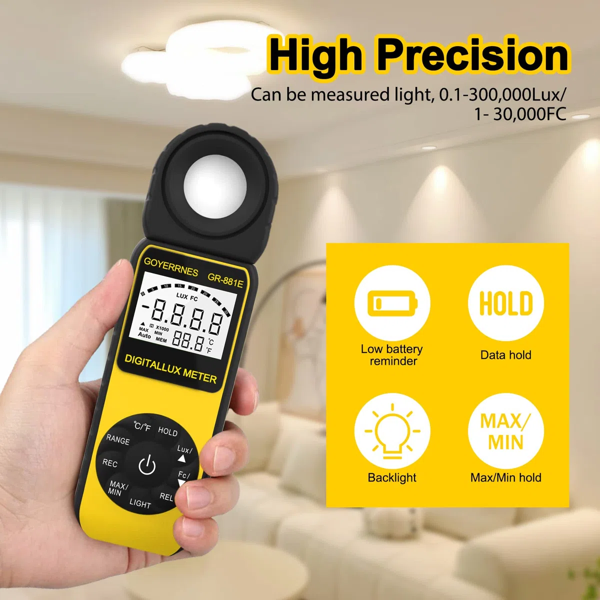 Misuratore di illuminazione digitale, misuratore di lux GR-881E portatile per l'illuminazione a temperatura ambiente misura fino a 300.000 Lux fotometro con rilevatore ruotabile di 270º.