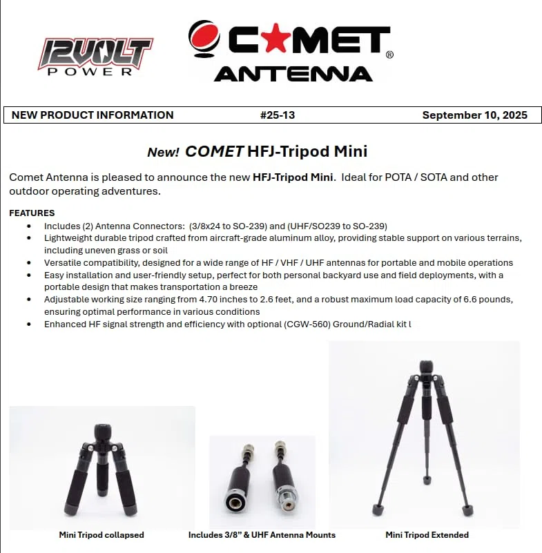 Comet HFJ-Tripod Mini treppiede portatile per antenna, pieghevole (da 7,5 "a 0,8 m), alluminio aeronautico, adattatori inclusi