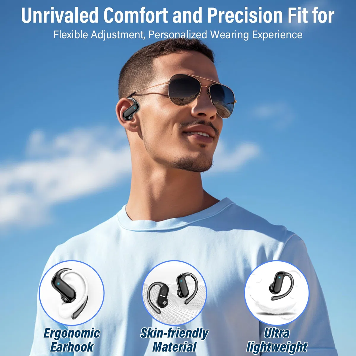 Cuffie Open-Ear, 42 Ore Auricolari Sportivi Bluetooth 5.4 con ENC Mic e Gancio Auricolare Air, IPX7 Cuffie Bluetooth con Display LED per Fitness/Corsa/Ciclismo, Controllo Touch, iOS Android