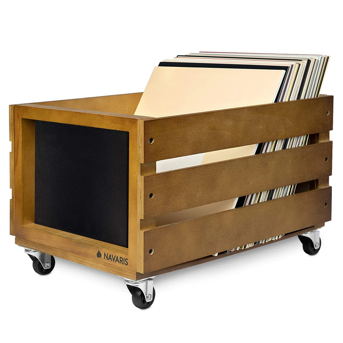 Navaris Cassetta Dischi Vinile in Legno - Cassa Porta Vinili 50-80 Dischi LP - Record Box 42,9x34,4x28cm con Ruote - Cassettina con Lavagna - Marrone