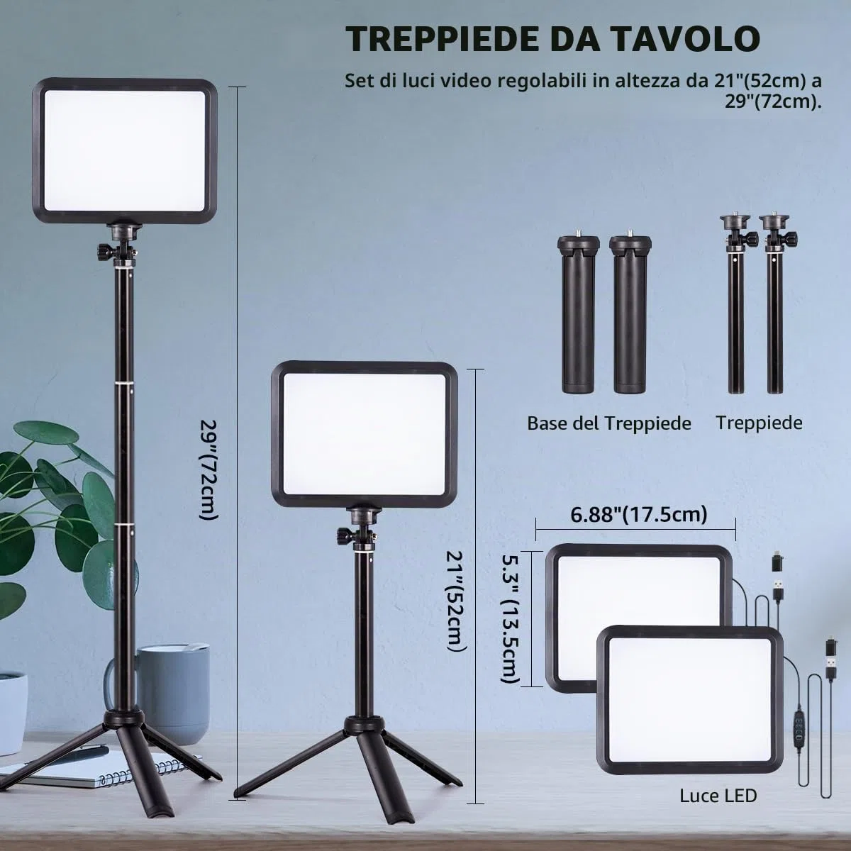 Kit di illuminazione per fotografia, 2 confezioni di luci video da tavolo a LED 2800K-6500K per riprese/zoom/giochi/streaming/TikTok, luce dimmerabile da 14 * 18 cm con 40-60 cm treppiede NV-8InTPLT2P
