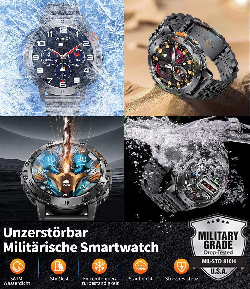 ESFOE Smartwatch Uomo, 1.43" AMOLED Smartwatch Militare Uomo Fitness con Chiamate Bluetooth Orologio Intelligente Impermeabile 5ATM/120 Modalità Sportive/530mAh/Torcia/Cardiofrequenzimetro, Mezzanotte
