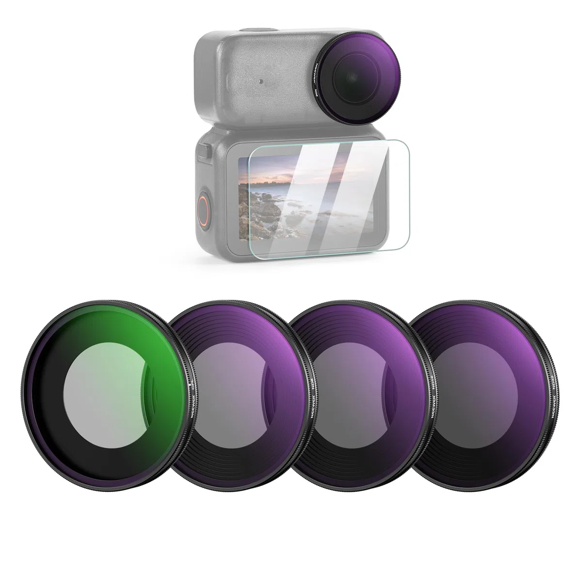 NEEWER Set di Filtro ND Compatibile con DJI Osmo Nano, ND8/16/32/CPL, Filtri a Densità Neutra Avvitabile in Vetro Ottico Multistrato per Obiettivo Action Cam, Accessori con Protezione Schermo, 4 Pezzi
