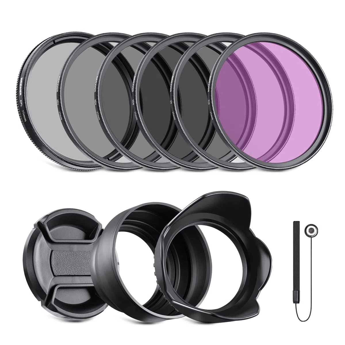 NEEWER Kit di filtri e accessori per lenti ND2 ND4 ND8 UV CPL (polarizzazione circolare) da 77 mm con copriobiettivo, paraluce a tulipano, paraluce in pieghevole, custodia per filtro, laccio di