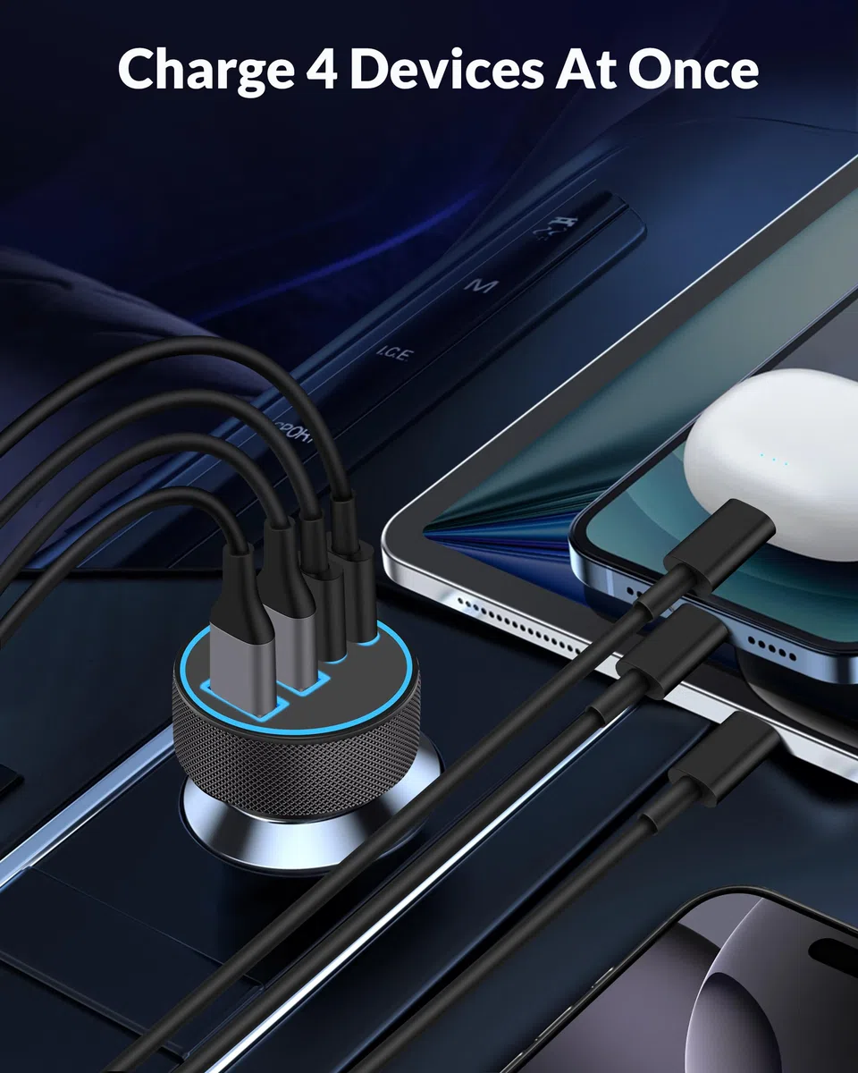 Caricabatteria da auto per iPhone 17, 16, 15 Pro Max, confezione da 2 caricabatterie da auto a 4 porte da 90 W con 4 porte USB C a ricarica rapida, accessori con cavo USB C da 240 W, 9 m, per iPhone