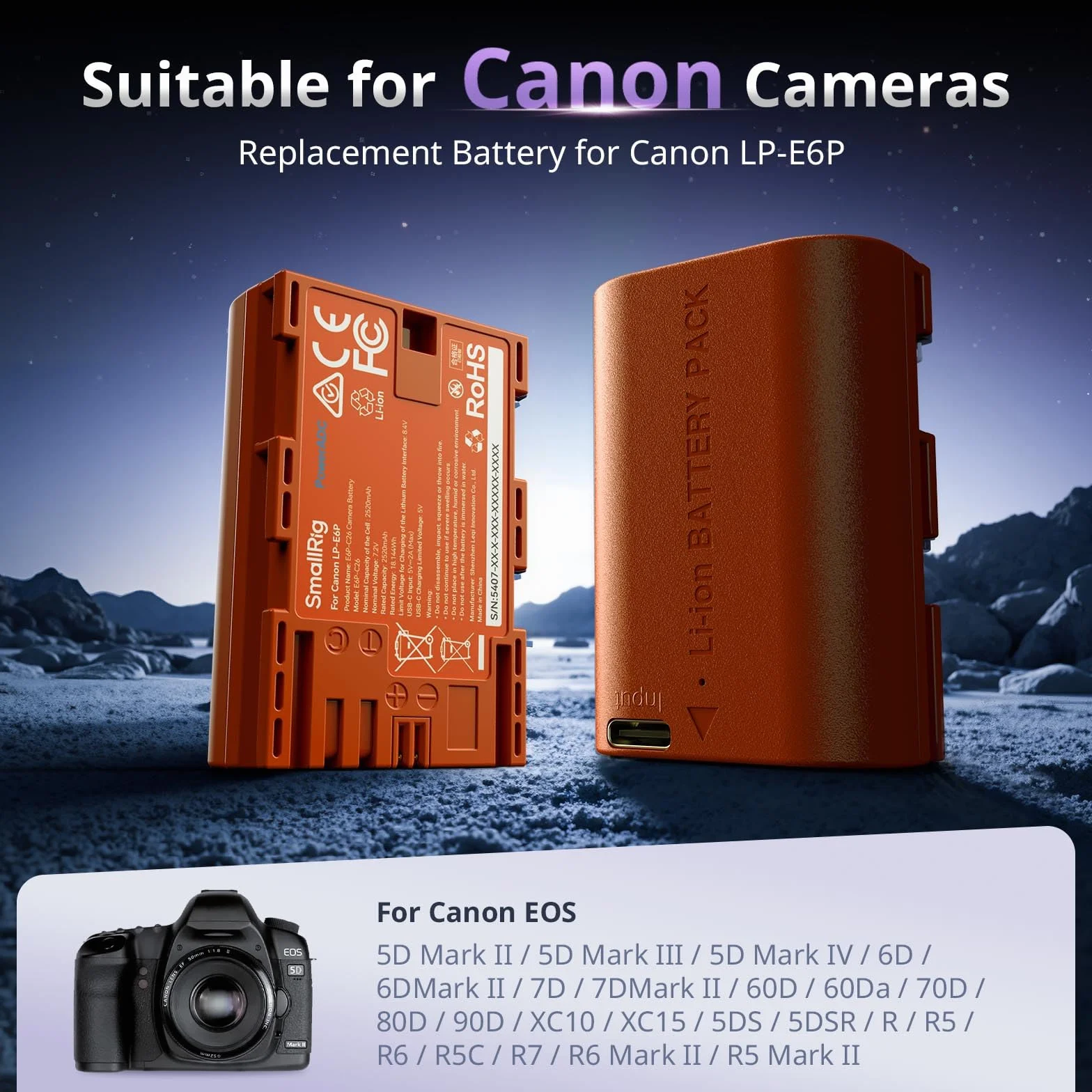 SMALLRIG Batteria LP-E6P, batteria USB-C sostitutiva da 2520 mAh per Canon EOS R5 Mark II, R6 Mark II, R5, R6, R7, 5D Mark II, 5D Mark IV, 60D, 70D, 80D, 90D, ricarica rapida completa in 2,5 ore, 5407