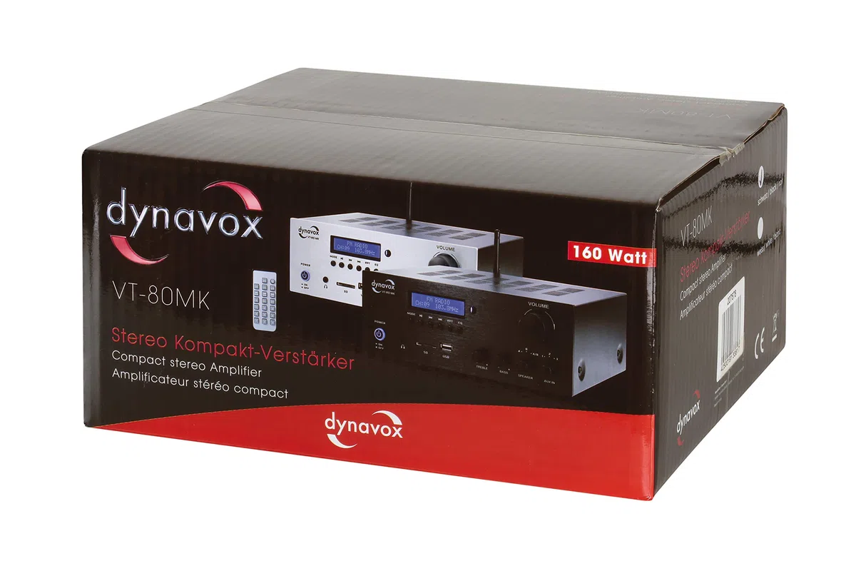 Dynavox VT-80 MK amplificatore stereo compatto, 4 terminali di altoparlanti a vite, telecomando per ingressi digitali (USB, scheda SD), antenna BT integrata e radio FM, argento