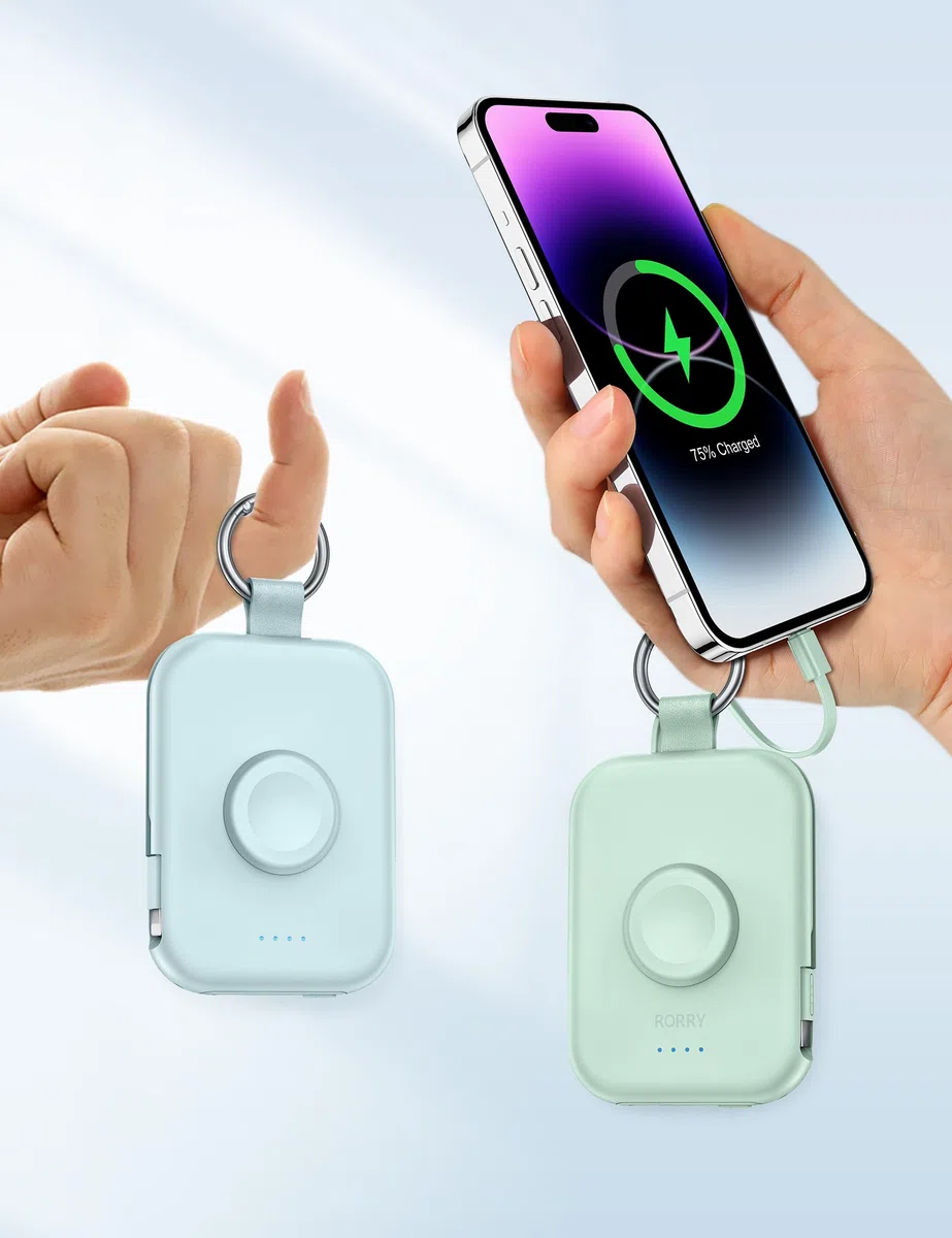 RORRY Power Bank, batteria esterna da 5000 mAh con cavo integrato, per iPhone 17/16/15/14/13/12, Apple Watch Ultra/11/10/9/8/7/6/SE, verde
