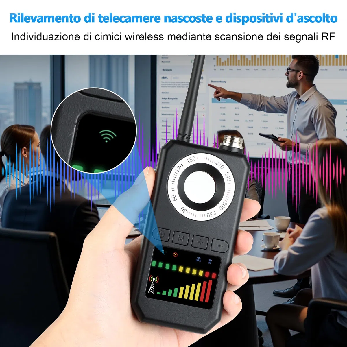 Rilevatore Microspie Senza Fili 6 in 1 - Detecțeur Telecamere Nascoste, GPS, RF e GSM, Rivelatore di Dispositivi di Ascolto, Rilevatore di insetti per Hotel, Ufficio, Casa