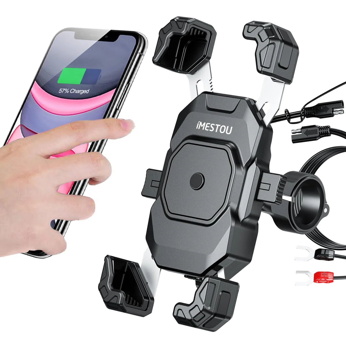iMESTOU Supporto per Telefono con Caricatore USB C Wireless per Moto, con Anello SAE-O Rimovibile, Adatto per Telefoni da 5,5 a 7,25 Pollici con Spessore Fino a 15 mm, Larghezza < 93 mm