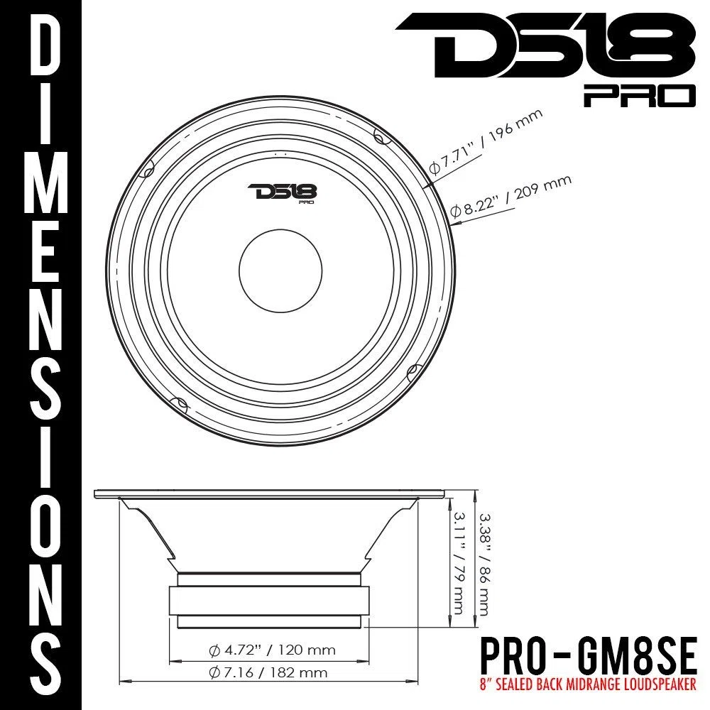 DS18 PRO-GM8SE 8-Inch Sealed Torna Midrange Altoparlante 8 Ohm - 480 Watt Max, 140 watt RMS - 1 Speaker Nuovo modello 8-inch