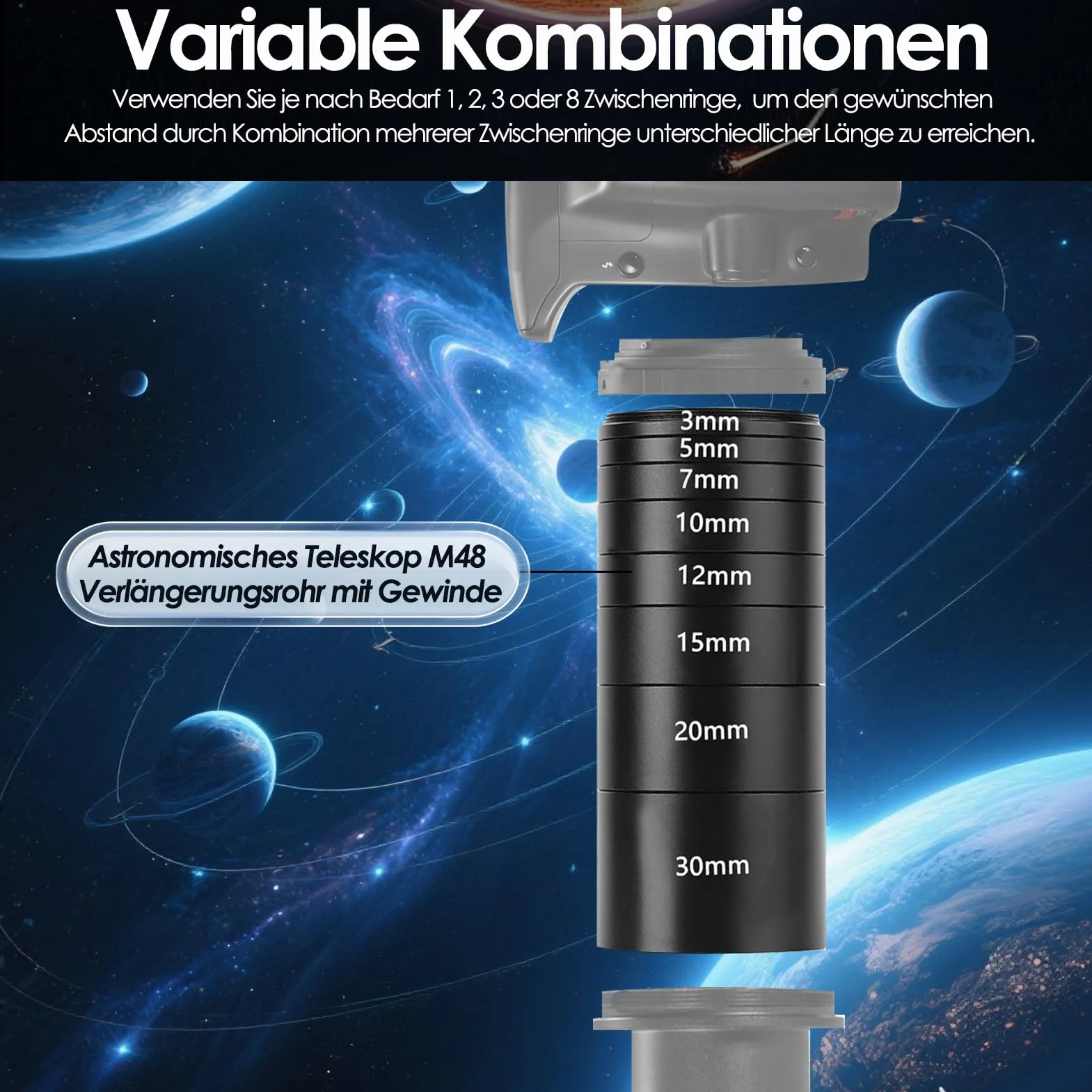 Set di 8 Tubi di Prolunga per Lunghezza Focale M48x0,75, Elimina i Problemi di Messa a Fuoco, di Prolunga 3 5 7 10 12 15 20 30 Mm, per la Fotografia del Telescopio