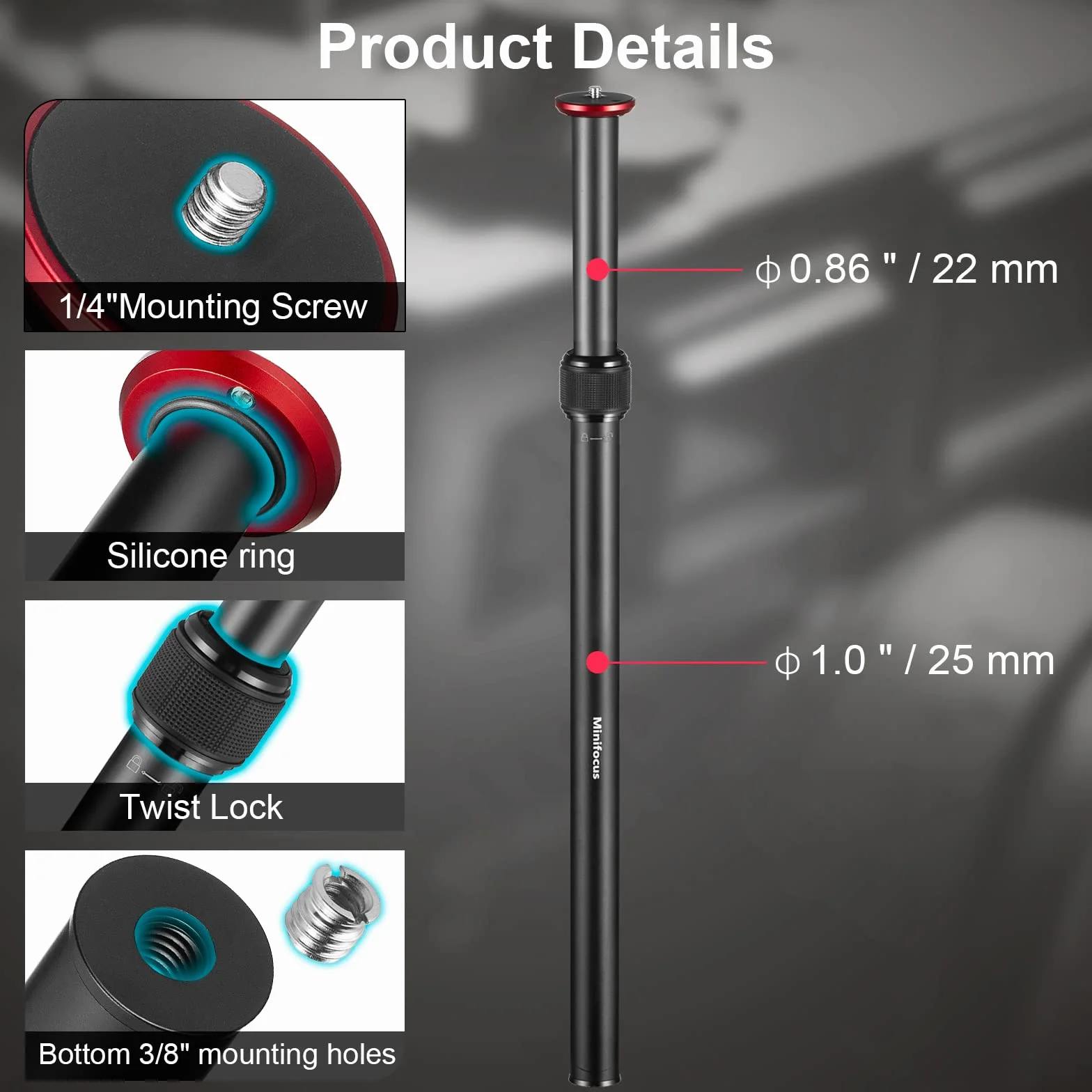 MINIFOCUS Prolunga per treppiede, colonne centrali a 2 sezioni, in lega di alluminio da 59,4 cm, asta telescopica con vite da 1/4" 3/8", compatibile con treppiedi/giunto cardanico/fotocamera, carico