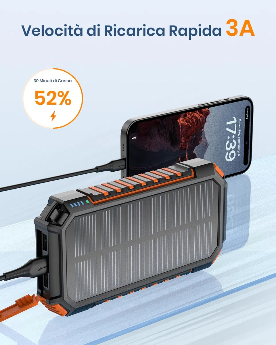 Hiluckey Power Bank Solare 20000mAh, Caricabatterie Solare con 3 Cavi, Powerbank Portatile con 3 Porte USB C Ricarica Rapida, Caricatore Portatile Batteria Esterna per Telefono Cellulare Tablet