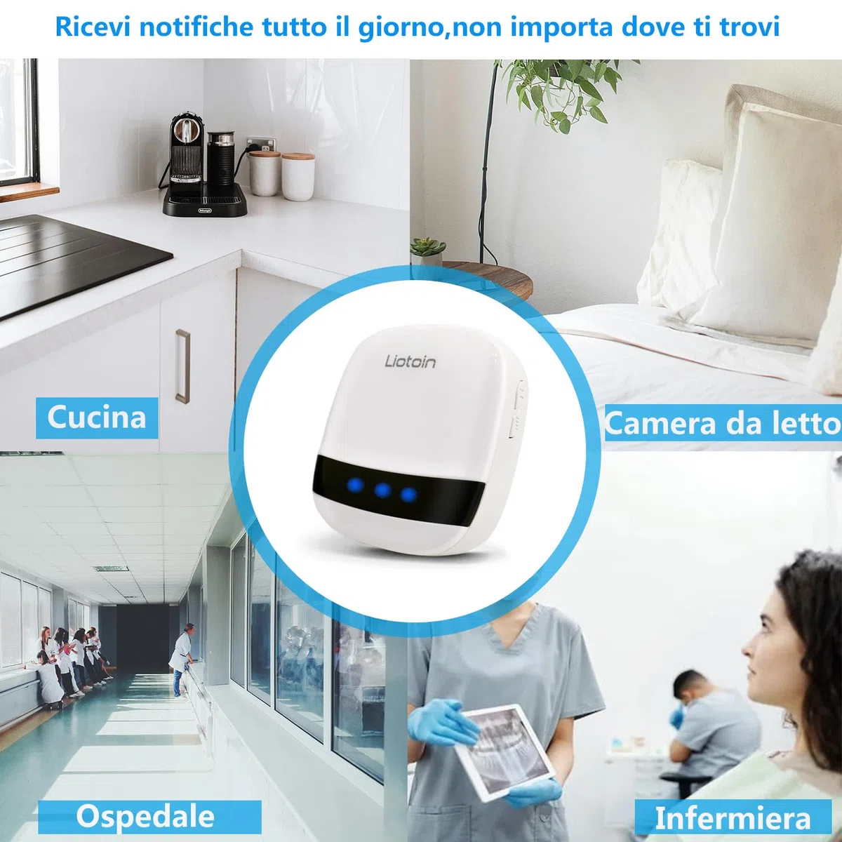 Pulsante di Chiamata Wireless, LIOTOIN Cercapersone con LED in Portata Fino a 180m Impermeabile Sistema di Assistenza per Anziani Pazienti Disabili Casa Ospedale (3 Trasmettitori 1 Ricevitori)