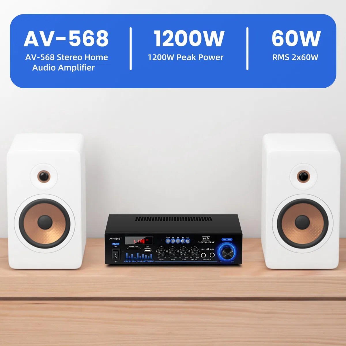 Amplificatore Bluetooth 5.0 1000W RMS 60W X2 Stereo con Telecomando e Mini Display LCD, 12V/220V, 2.0 Canali con Ingresso USB/RCA/Scheda SD per Casa, Auto Audio Speaker