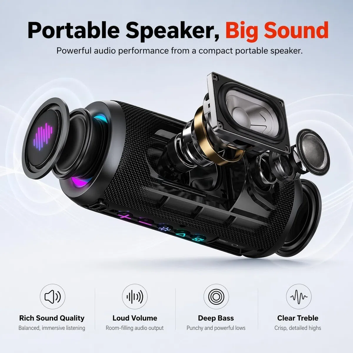 TIMU Cassa Bluetooth Portatile Potente, Altoparlante Bluetooth 5.4 con 2 Modalità EQ, IPX7, TWS, 24H di Autonomia, 8 Modalità RGB, Cinghia da Trekking, Compatibile con PC, AUX, TF