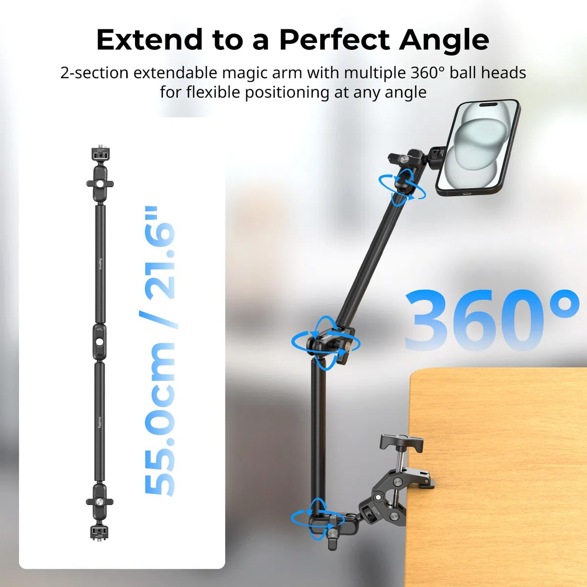 SMALLRIG - Kit Braccio Magico con Morsetto da Scrivania per MagSafe per iPhone, Braccio Flessibile Regolabile a Due Fasi da 55 cm / 21,6" con Presa Sicura per Smartphone, Webcam, Action Cameras - 5626