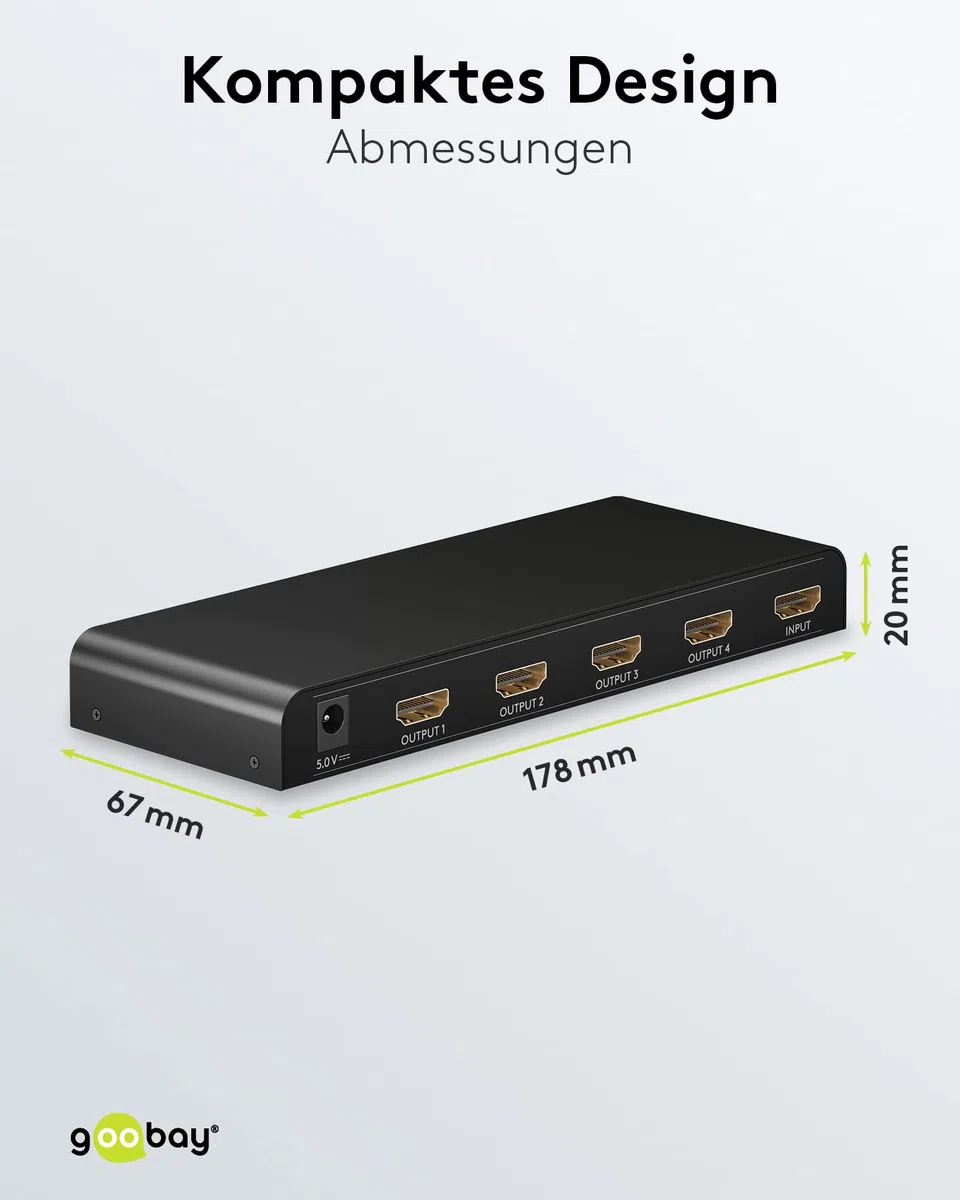 goobay 58482 - Splitter HDMI 1 in 4 Out/4K a 30Hz (2160p), HDMI 1.4 Switch per quattro monitor con 60Hz a 1080p, nero