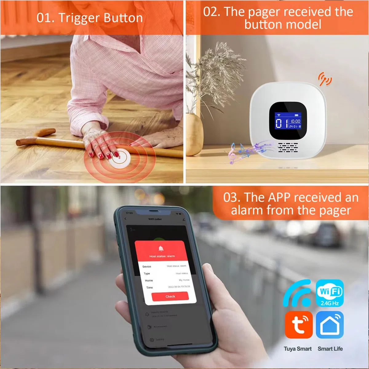 VOCA Smart WiFi Wireless SOS Pager, Pulsante di chiamata – Pulsante di panico e allarme di emergenza per anziani, pazienti e disabili | WiFi 2.4G | Include ricevitore, pulsante di chiamata