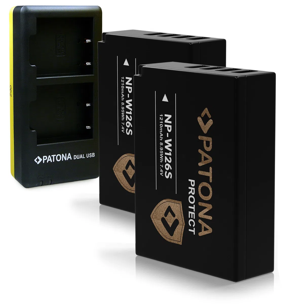 PATONA Caricatore Doppio USB-C + 2x Protect Batteria NP-W126s (1210mAh) – per Fujifilm X-T5 X-T50 X100VI X100F X-S10 X-T30 X-Pro3 X-E4 – set completo con sensore NTC