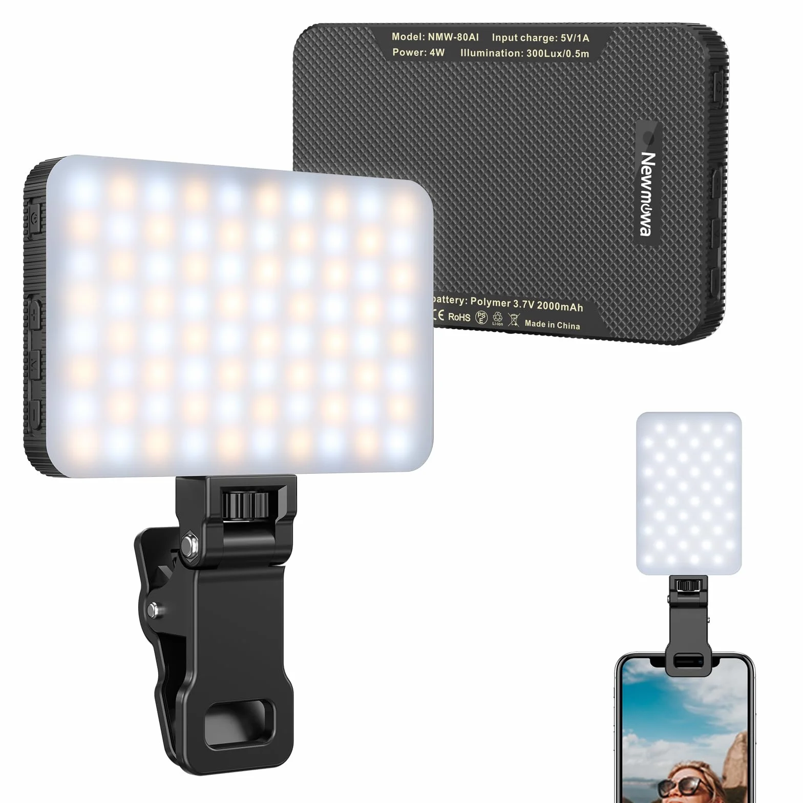 Newmowa Selfie Light, luce ricaricabile con clip per telefono con sensore di luce intelligente per telefono/laptop/fotocamera, 3 modalità di illuminazione per TikTok/trucco/Selfie/videoconferenza