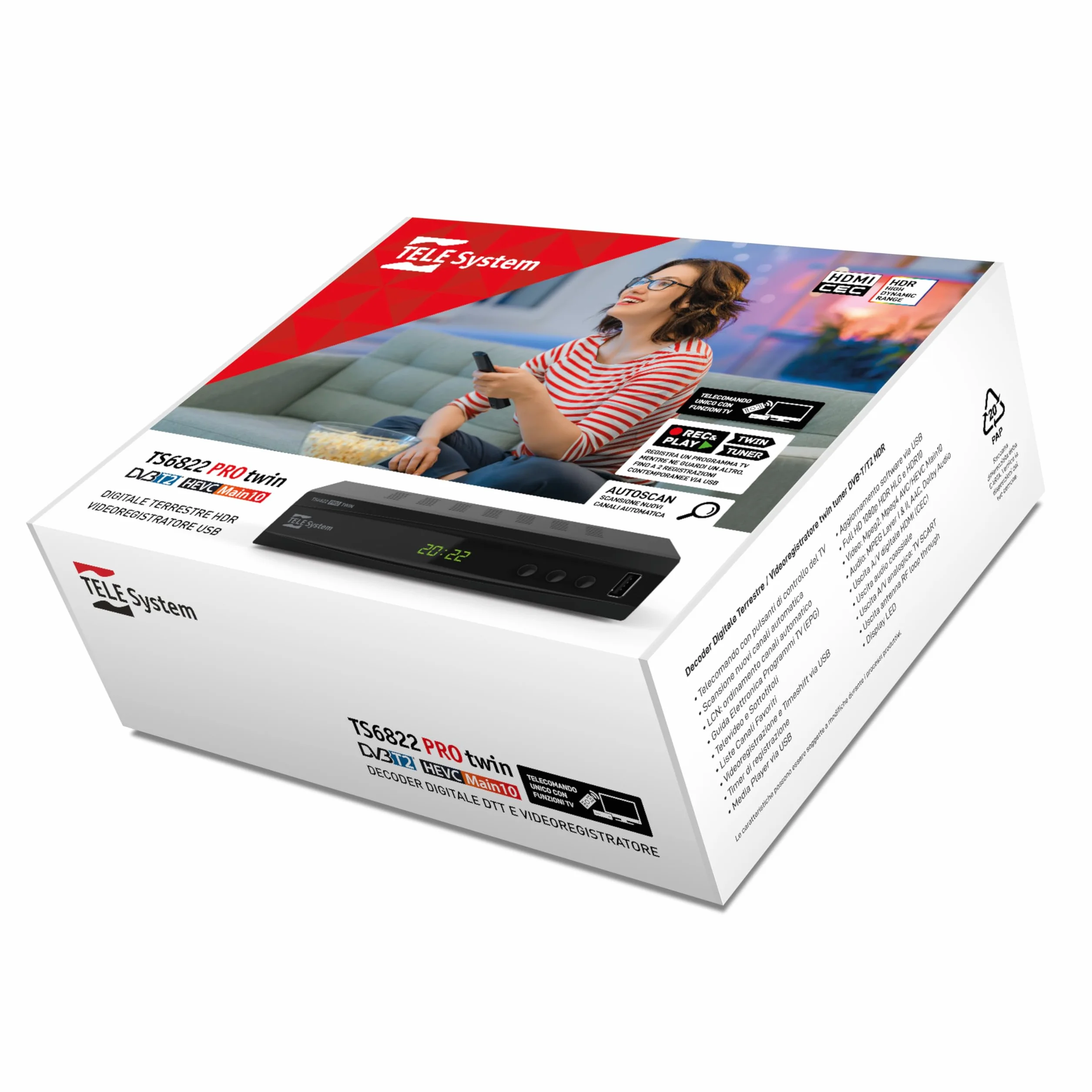 TELE System TS6822 PRO DVB-T2 HEVC Decoder Digitale Terrestre e Videoregistratore twin tuner DVB-T2 HD HDR (HDR10 / HLG) con Display e Telecomando 2 in 1 con controlli TV