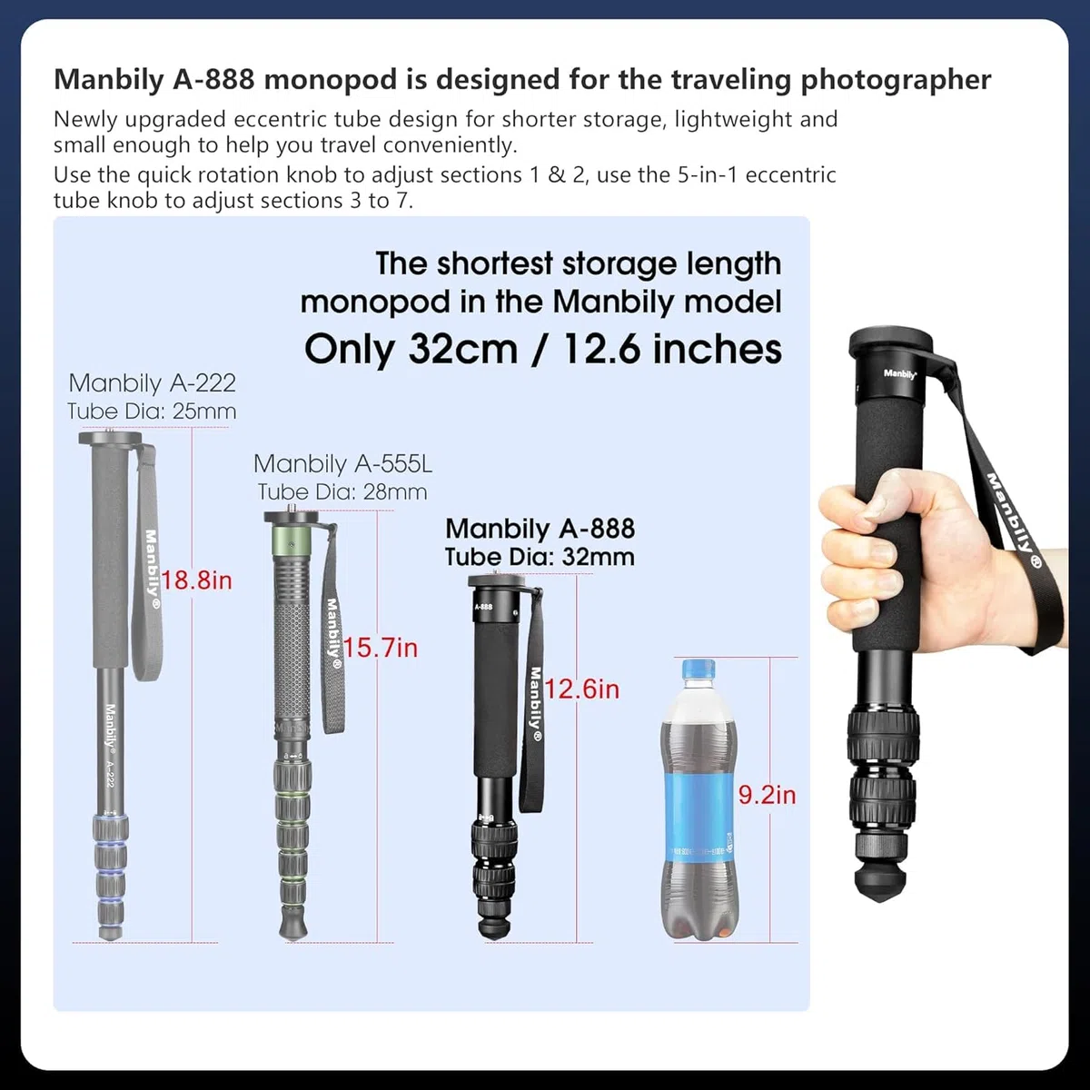 Manbily A-888 Fotocamera Monopiede, Lunghezza 32 centimetri - 156 centimetri, Monopiedi in alluminio per fotocamere 7 Sezioni, Compact Viaggi Portatile Selfie Stick per DSLR Smartphone Concert