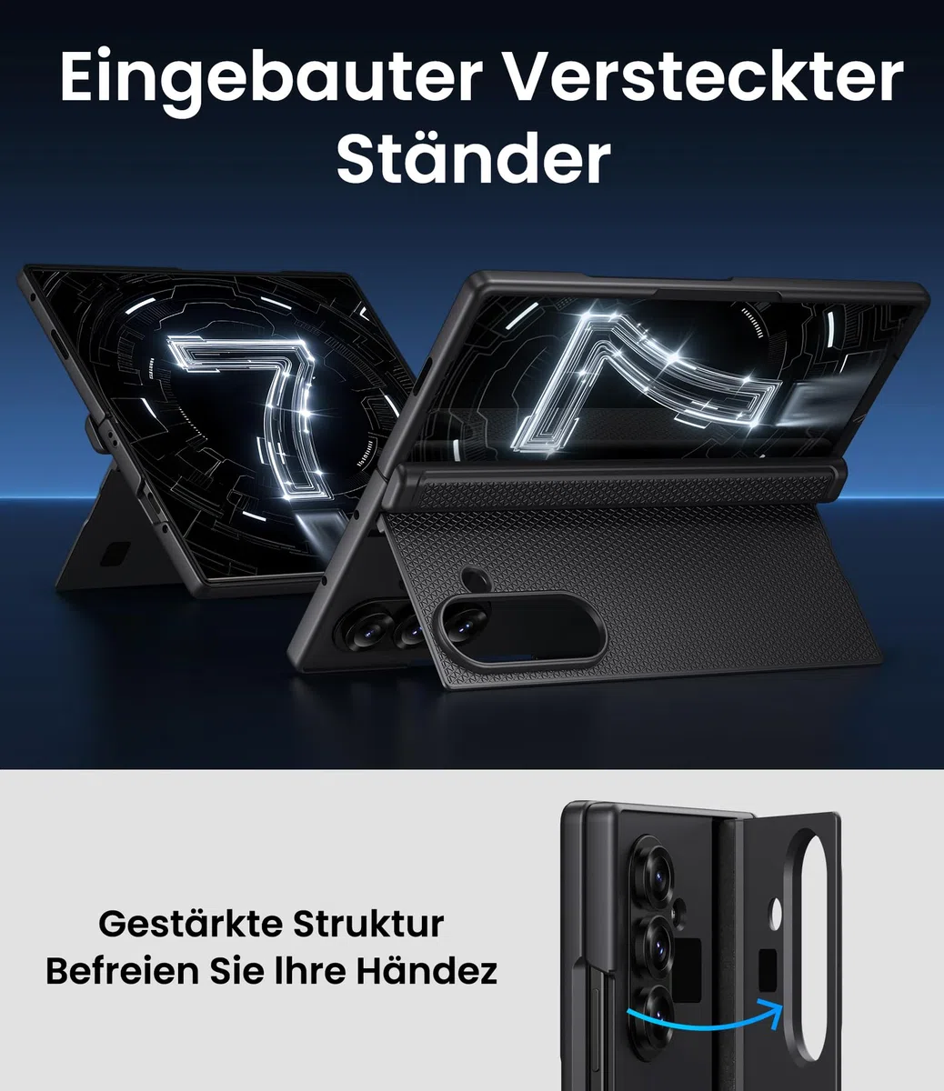 Cover con supporto per Samsung Galaxy Z Fold 7, Supporto, Protezione Schermo Anteriore, Pellicola protettiva Resistente, Antiurto per schermo frontale, Sottile, Nero