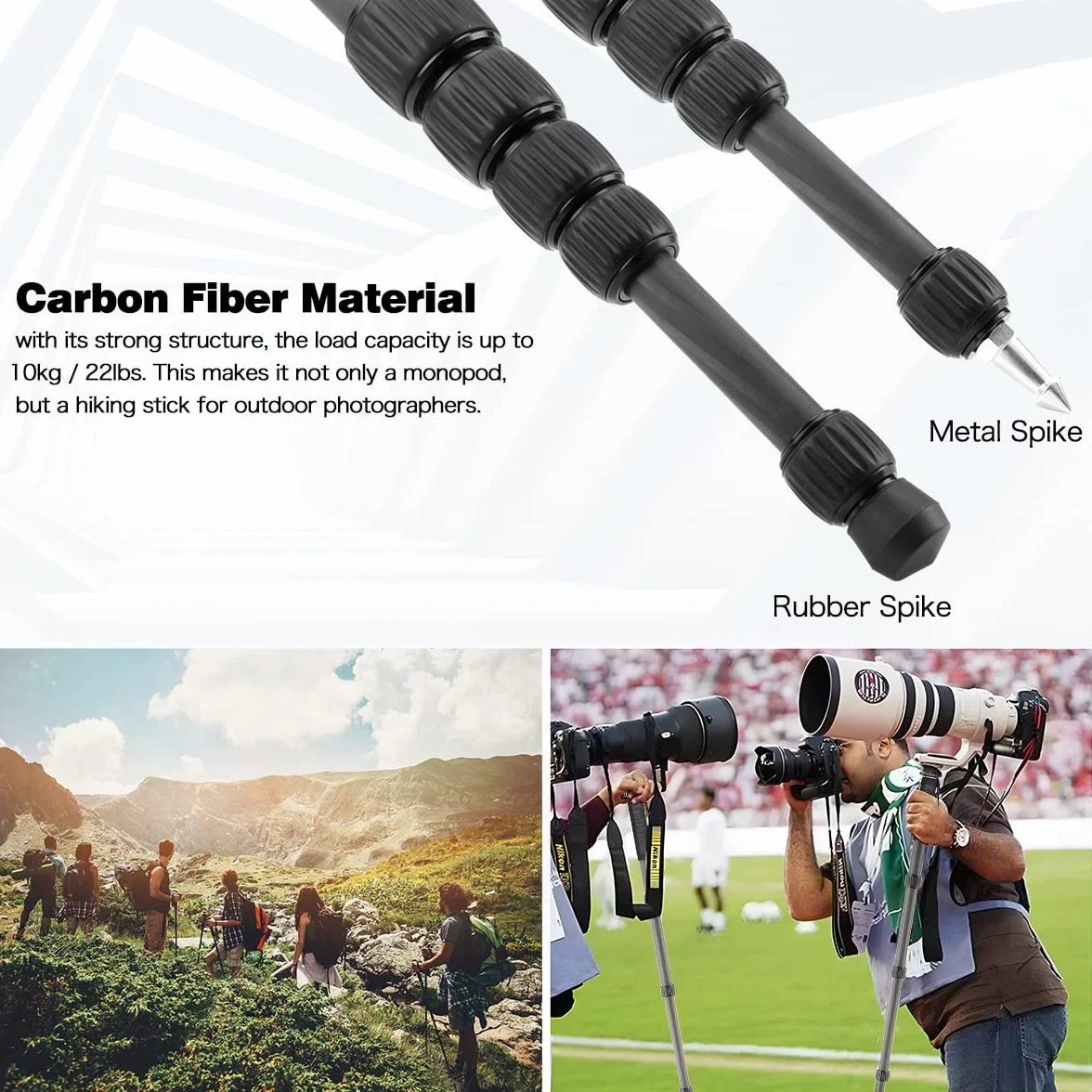 Koolehaoda Monopiede in fibra di carbonio, monopiede portatile a 6 sezioni, per fotocamera compatta e portatile, portata massima 10 kg, MP286C