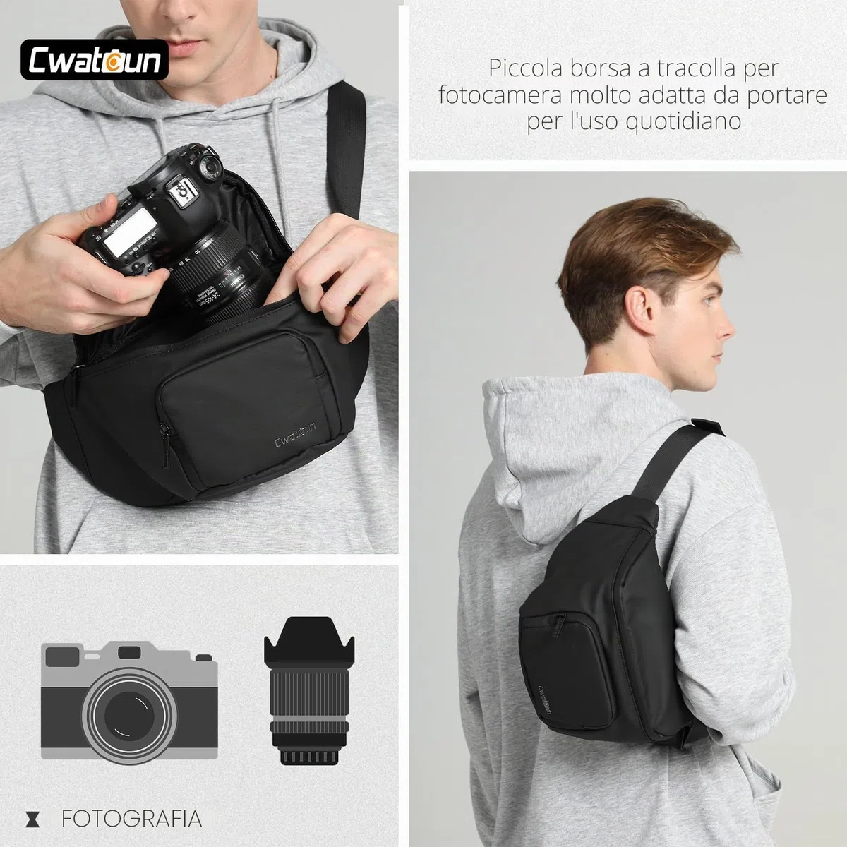 Cwatcun Borsa per Fotocamera Impermeabile da Cintura, Borsa Quotidiana a Tracolla per Canon, Nikon, Sony, Fuji DSLR/SLR, Obiettivo - Nero